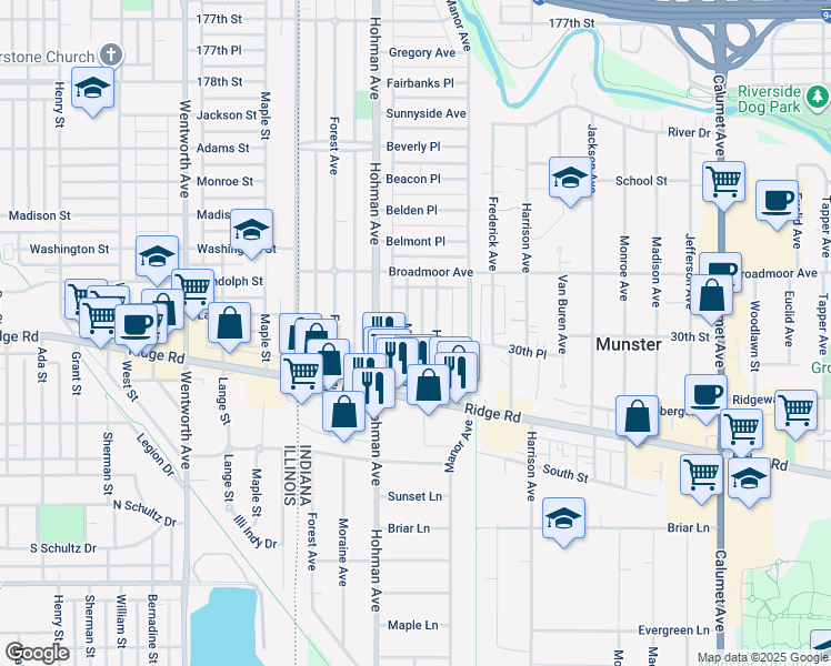 map of restaurants, bars, coffee shops, grocery stores, and more near 8142 Highland Place in Munster