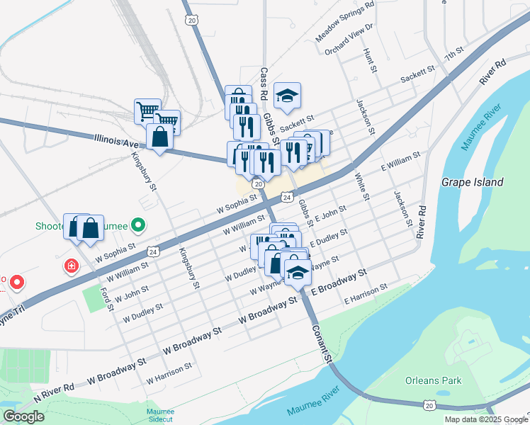 map of restaurants, bars, coffee shops, grocery stores, and more near 601 Conant Street in Maumee
