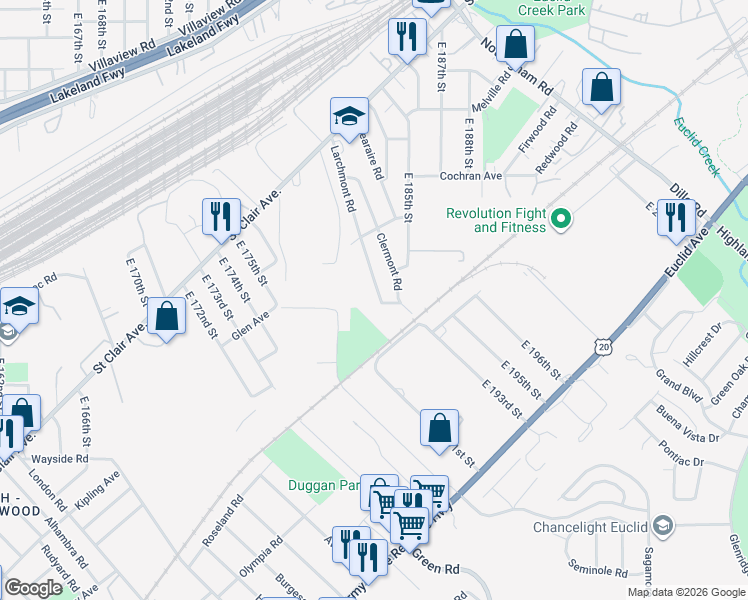 map of restaurants, bars, coffee shops, grocery stores, and more near 1546 Larchmont Road in Cleveland