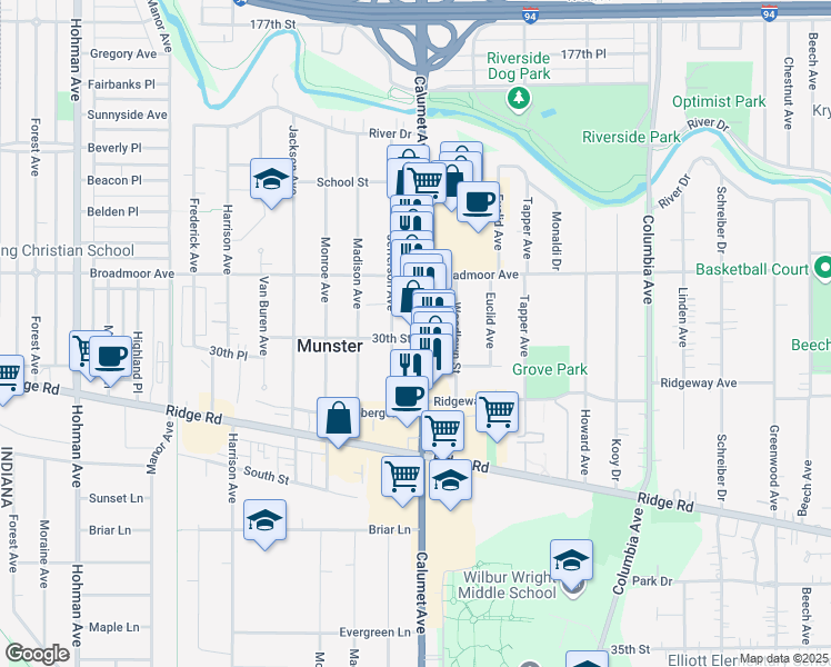 map of restaurants, bars, coffee shops, grocery stores, and more near 8141 Jefferson Ave in Munster