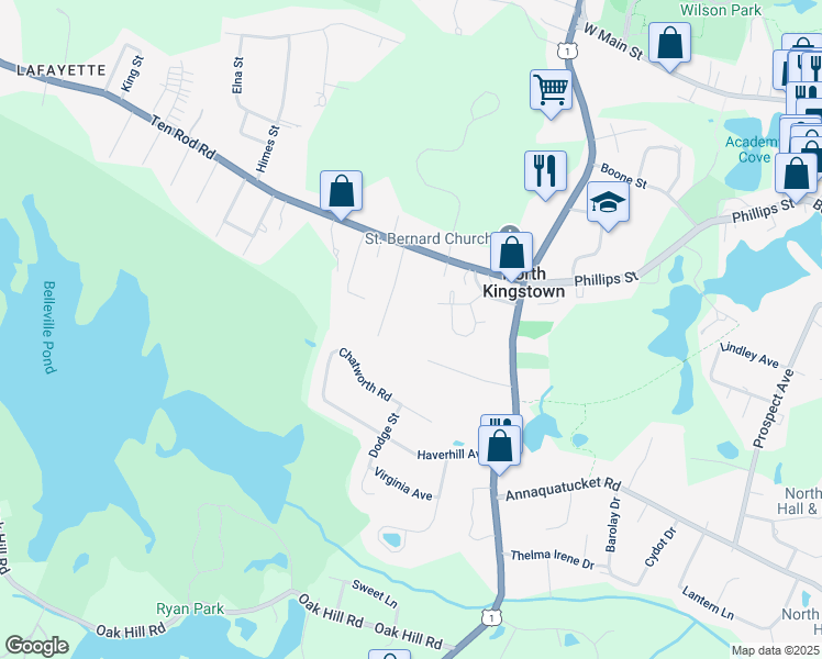 map of restaurants, bars, coffee shops, grocery stores, and more near 50 Spencer Drive in North Kingstown