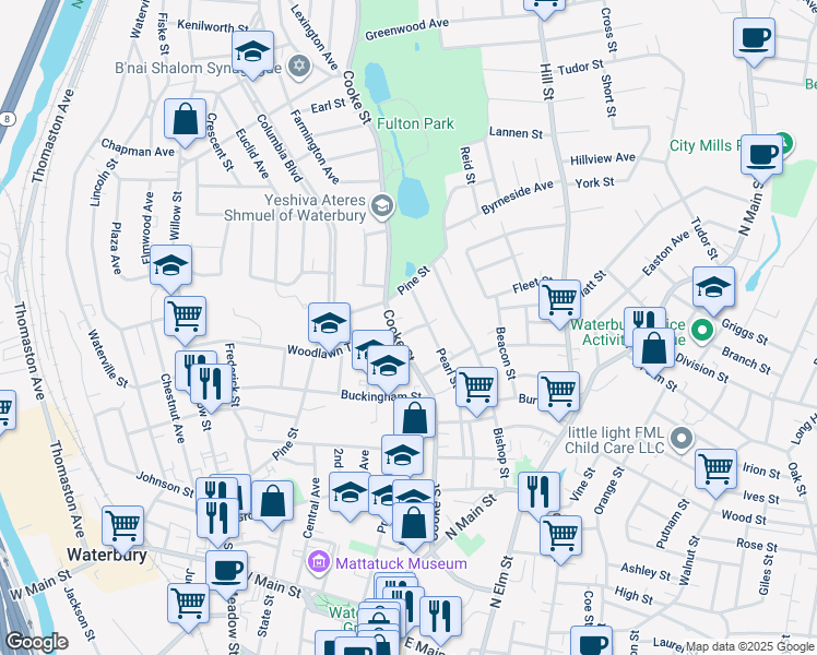 map of restaurants, bars, coffee shops, grocery stores, and more near 15 Matson Court in Waterbury
