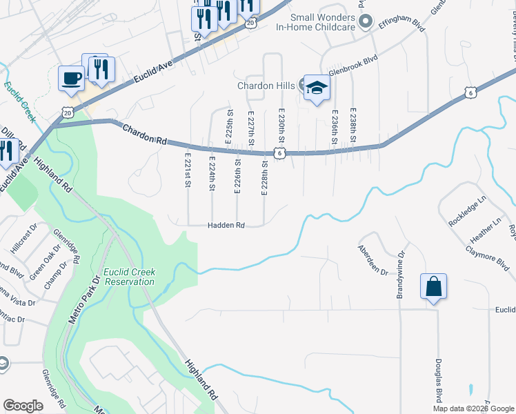 map of restaurants, bars, coffee shops, grocery stores, and more near 2050 East 228th Street in Euclid