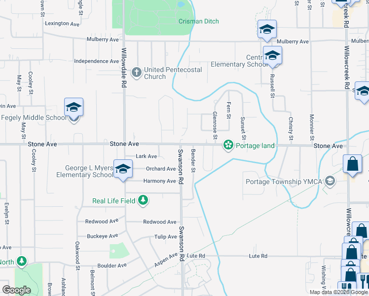 map of restaurants, bars, coffee shops, grocery stores, and more near 5645 Stone Avenue in Portage