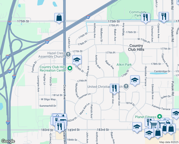 map of restaurants, bars, coffee shops, grocery stores, and more near 17849 John Avenue in Country Club Hills