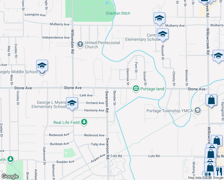 map of restaurants, bars, coffee shops, grocery stores, and more near 5645 Stone Avenue in Portage