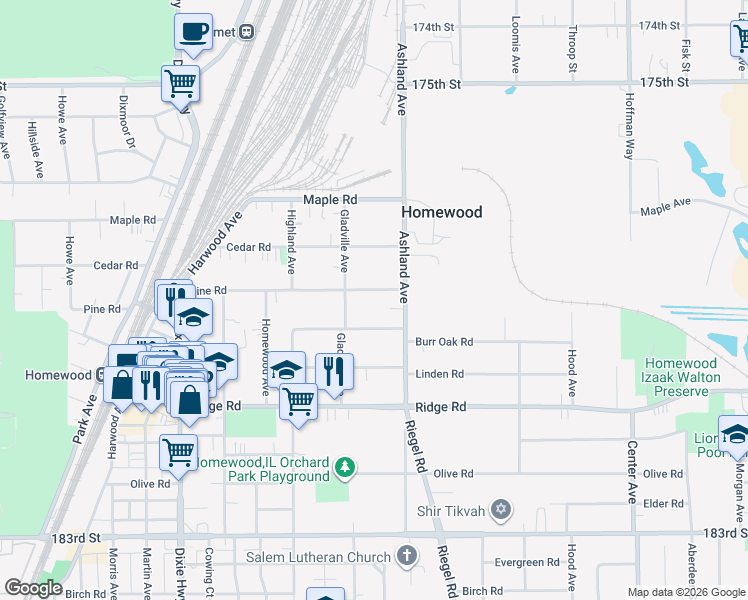 map of restaurants, bars, coffee shops, grocery stores, and more near 1639 Pine Rd in Homewood