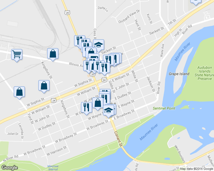 map of restaurants, bars, coffee shops, grocery stores, and more near 122 East William Street in Maumee