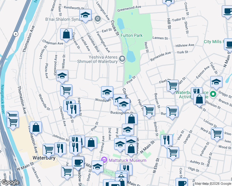 map of restaurants, bars, coffee shops, grocery stores, and more near 14 Woodlawn Terrace in Waterbury