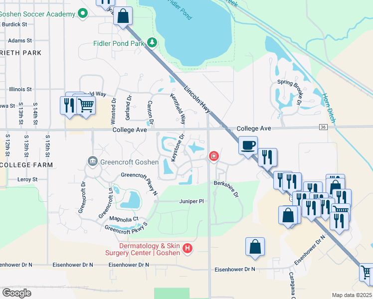 map of restaurants, bars, coffee shops, grocery stores, and more near 1227 Camden Court in Goshen