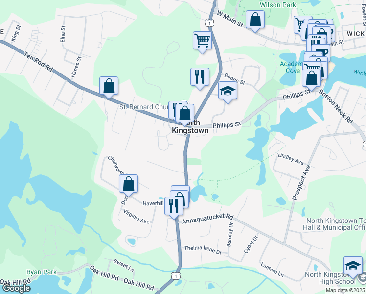 map of restaurants, bars, coffee shops, grocery stores, and more near 379 Tower Hill Road in North Kingstown