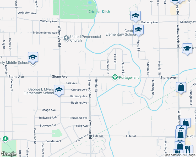 map of restaurants, bars, coffee shops, grocery stores, and more near 5645 Stone Avenue in Portage