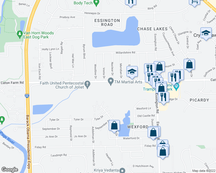 map of restaurants, bars, coffee shops, grocery stores, and more near 3500 Caton Farm Road in Joliet