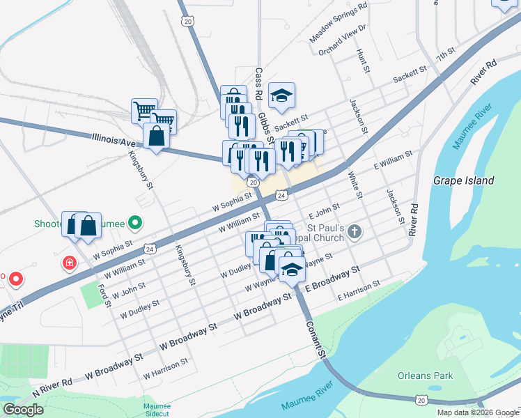 map of restaurants, bars, coffee shops, grocery stores, and more near 601 Conant Street in Maumee