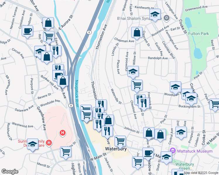 map of restaurants, bars, coffee shops, grocery stores, and more near 199 Waterville Street in Waterbury