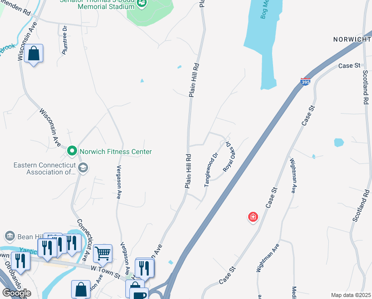 map of restaurants, bars, coffee shops, grocery stores, and more near 66 Plain Hill Road in Norwich