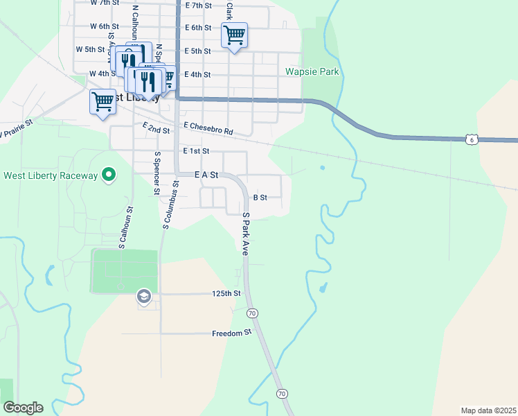 map of restaurants, bars, coffee shops, grocery stores, and more near 1219 Iowa 70 in West Liberty