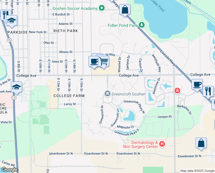 map of restaurants, bars, coffee shops, grocery stores, and more near 1798 Greencroft Boulevard in Goshen