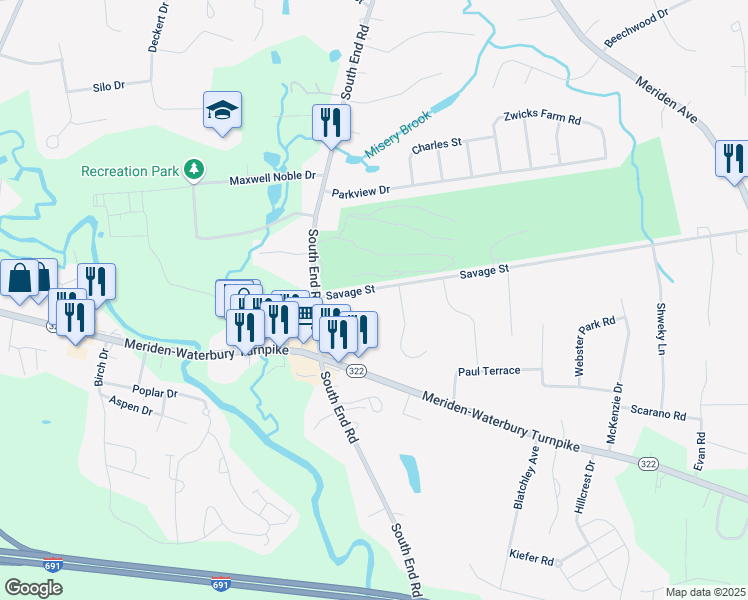 map of restaurants, bars, coffee shops, grocery stores, and more near 64 Savage Street in Southington