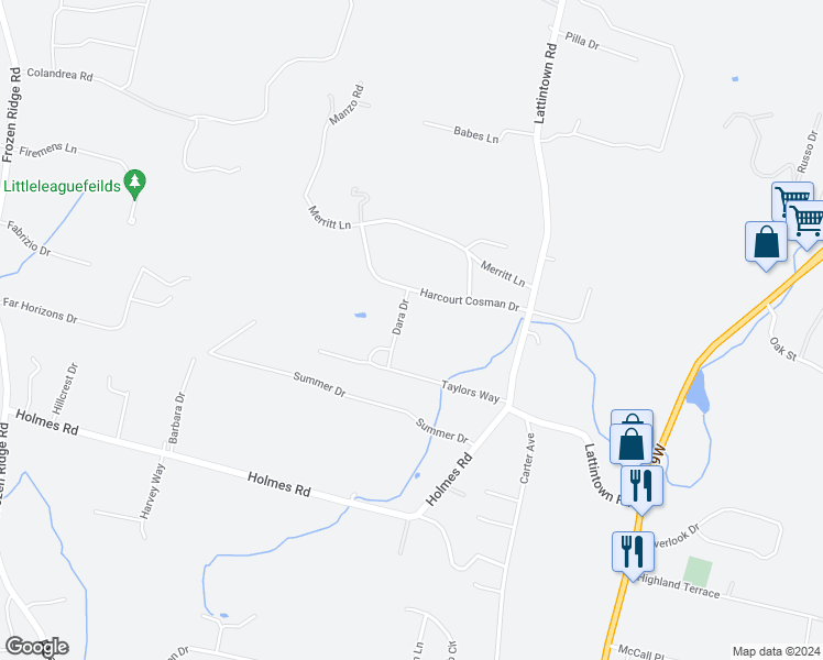 map of restaurants, bars, coffee shops, grocery stores, and more near 11 Dara Drive in Newburgh