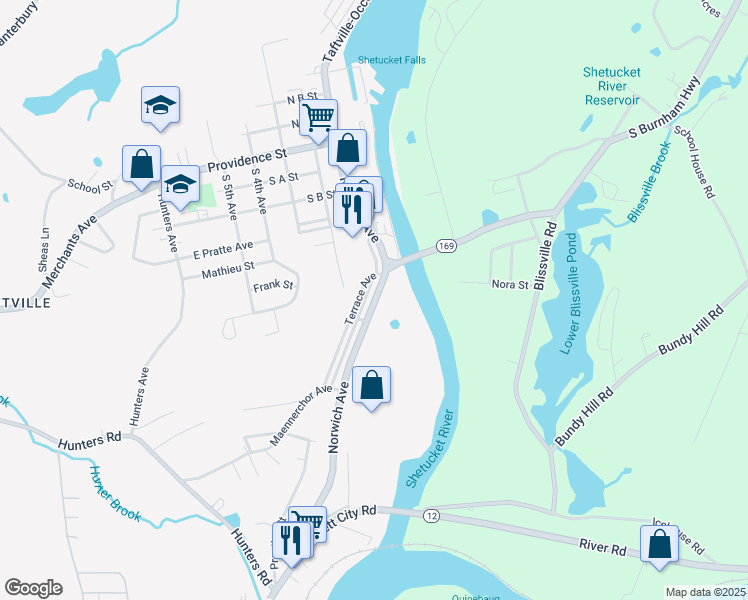 map of restaurants, bars, coffee shops, grocery stores, and more near 51 Shetucket Avenue in Norwich