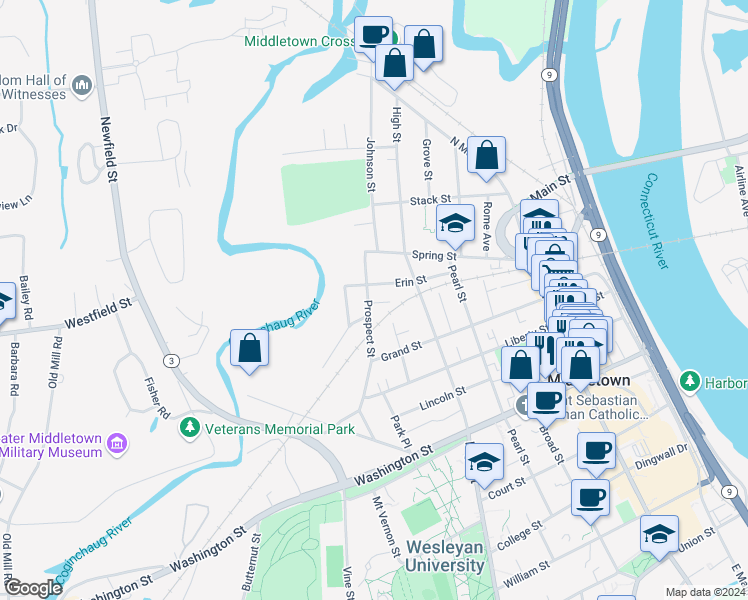 map of restaurants, bars, coffee shops, grocery stores, and more near 174 Prospect Street in Middletown