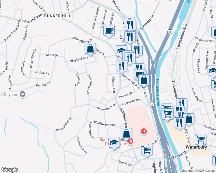 map of restaurants, bars, coffee shops, grocery stores, and more near 67 Adelaide Avenue in Waterbury
