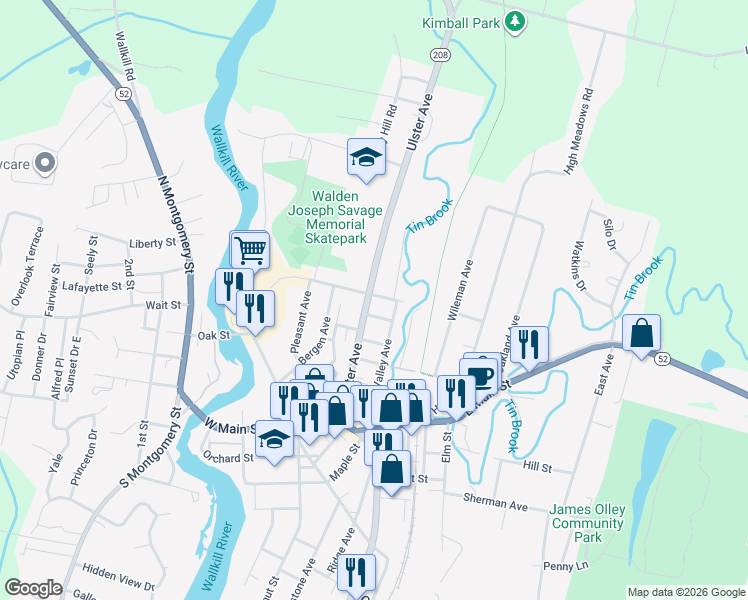 map of restaurants, bars, coffee shops, grocery stores, and more near 103 Ulster Avenue in Walden