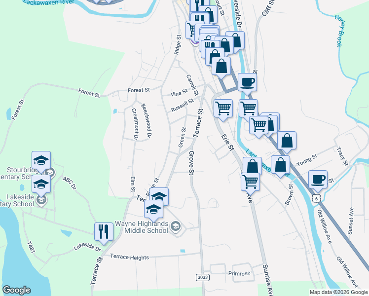 map of restaurants, bars, coffee shops, grocery stores, and more near 101 Grove Street in Honesdale