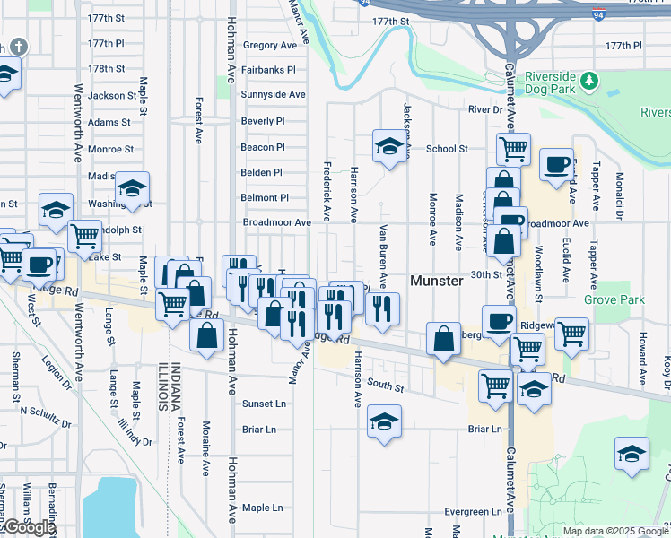 map of restaurants, bars, coffee shops, grocery stores, and more near 8147 Frederick Avenue in Munster