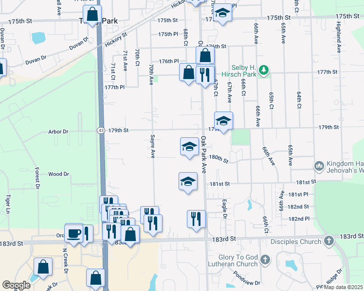 map of restaurants, bars, coffee shops, grocery stores, and more near 6843 179th Place in Tinley Park