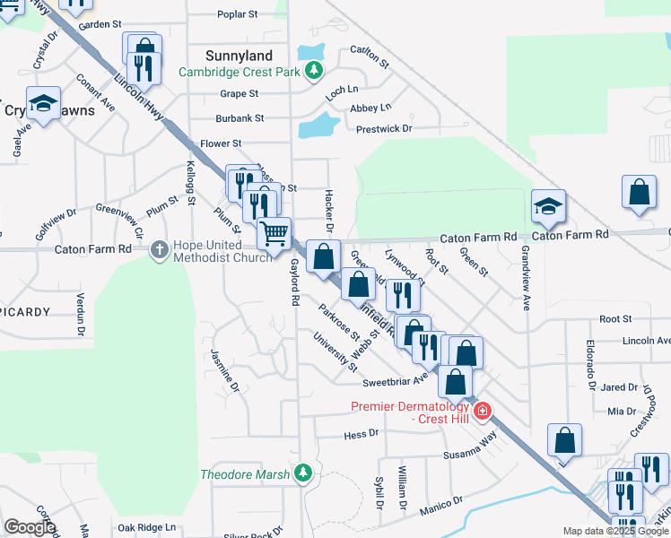 map of restaurants, bars, coffee shops, grocery stores, and more near 2359 Greengold Street in Crest Hill