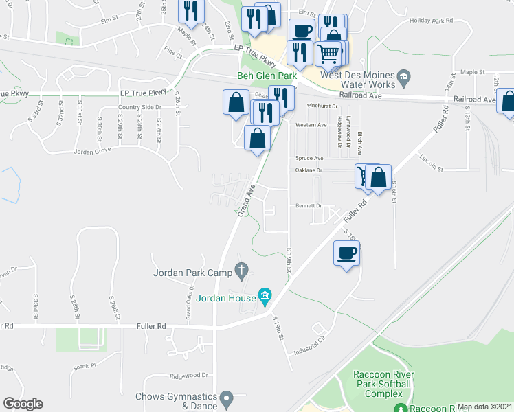 map of restaurants, bars, coffee shops, grocery stores, and more near 2109 Grand Avenue in West Des Moines