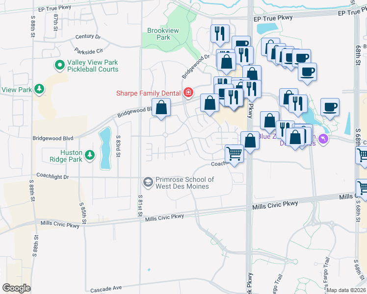 map of restaurants, bars, coffee shops, grocery stores, and more near 280 South 79th Street in West Des Moines