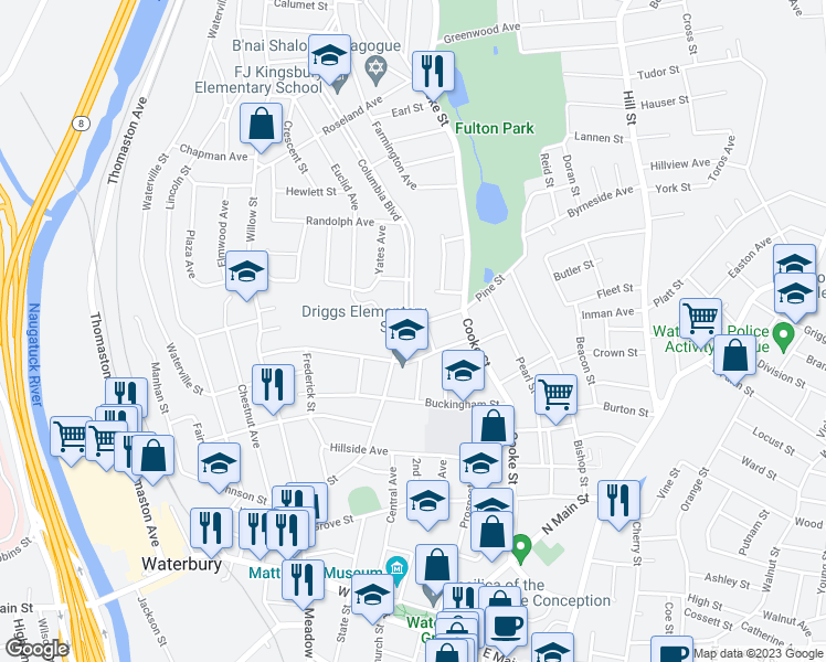 map of restaurants, bars, coffee shops, grocery stores, and more near 234 Pine Street in Waterbury