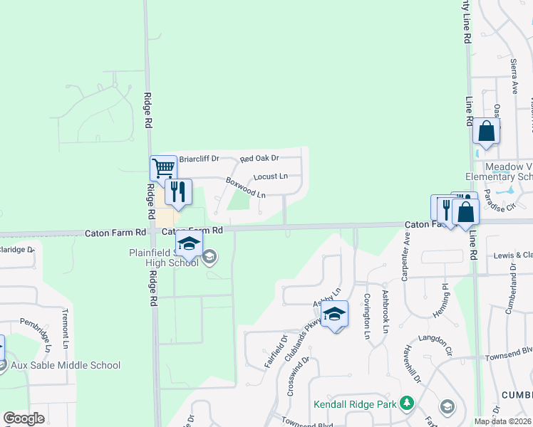 map of restaurants, bars, coffee shops, grocery stores, and more near 2405 White Ash Court in Plainfield