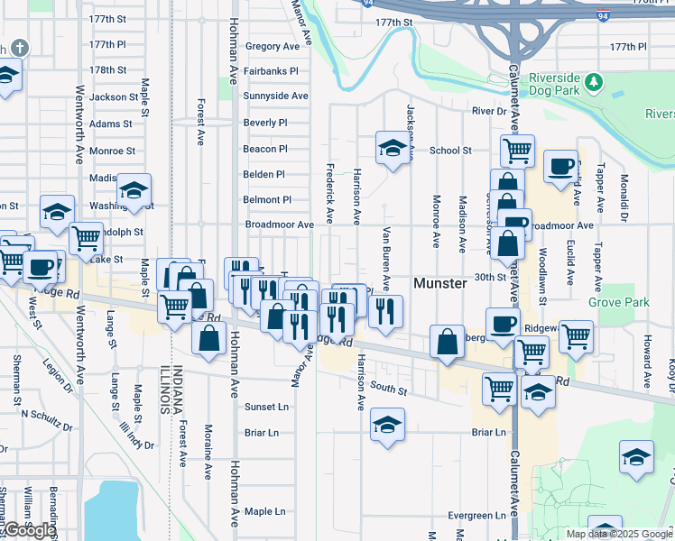 map of restaurants, bars, coffee shops, grocery stores, and more near 8147 Frederick Avenue in Munster