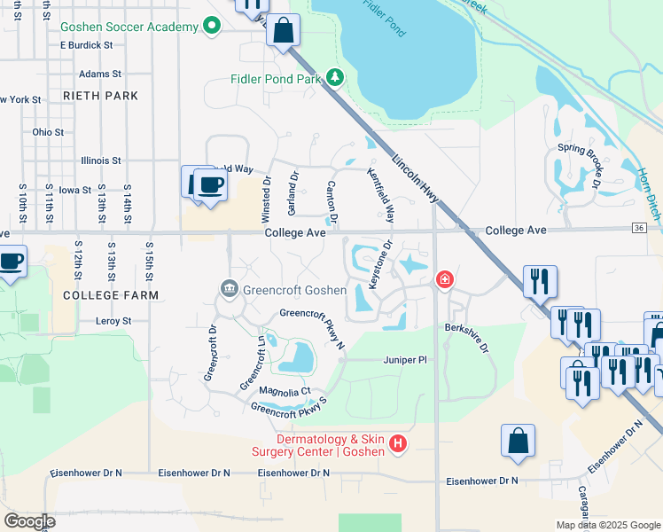map of restaurants, bars, coffee shops, grocery stores, and more near 2010-2023 Stratford Court in Goshen