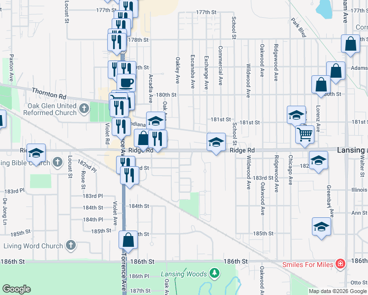 map of restaurants, bars, coffee shops, grocery stores, and more near 2610 182nd Place in Lansing