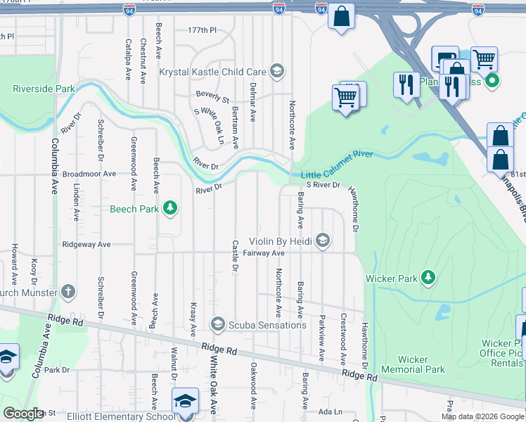 map of restaurants, bars, coffee shops, grocery stores, and more near 8205 Oakwood Avenue in Munster