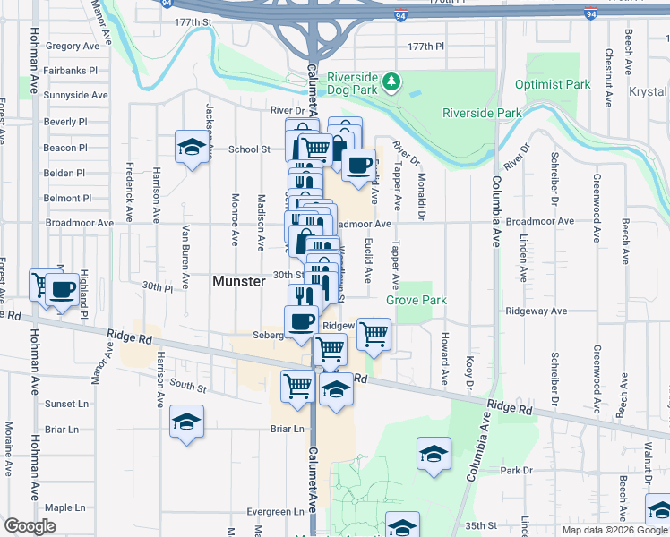map of restaurants, bars, coffee shops, grocery stores, and more near 8125-8199 Calumet Ave in Munster