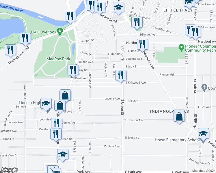 map of restaurants, bars, coffee shops, grocery stores, and more near 207 Kirkwood Avenue in Des Moines