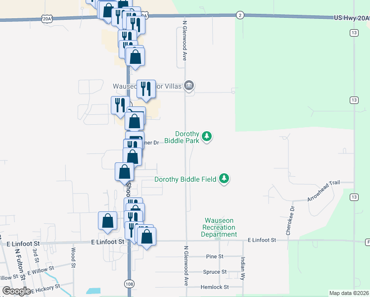 map of restaurants, bars, coffee shops, grocery stores, and more near North Glenwood Avenue in Wauseon