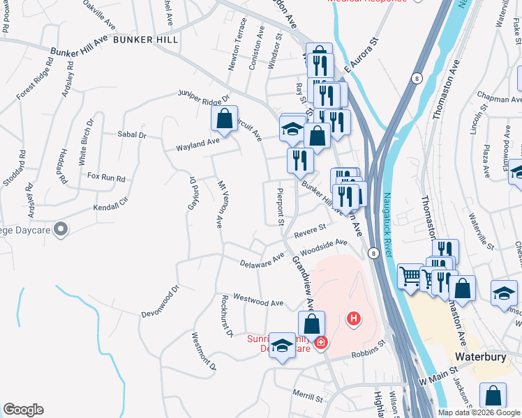 map of restaurants, bars, coffee shops, grocery stores, and more near 67 Adelaide Avenue in Waterbury