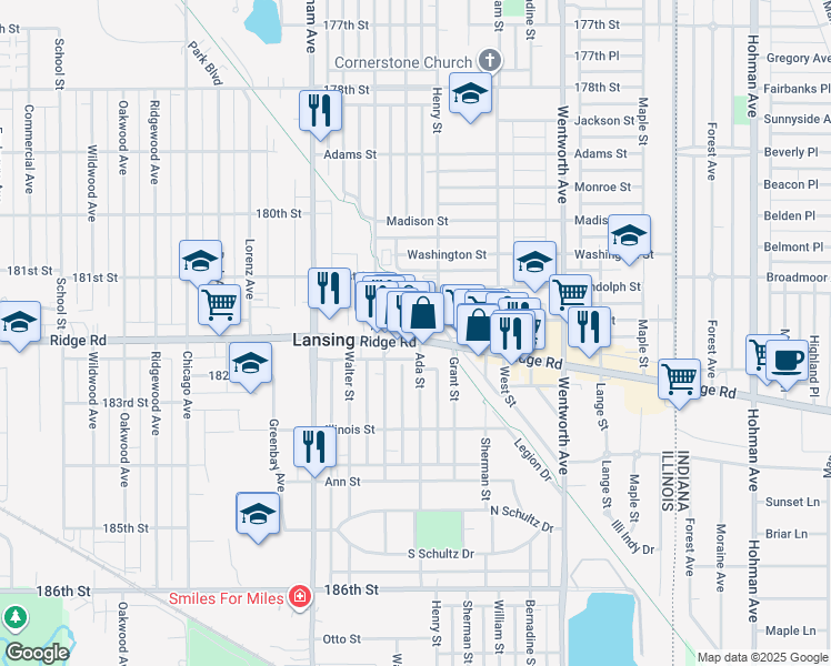 map of restaurants, bars, coffee shops, grocery stores, and more near 3336 Ridge Road in Lansing