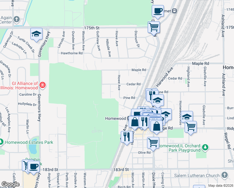 map of restaurants, bars, coffee shops, grocery stores, and more near 17846 Howe Avenue in Homewood