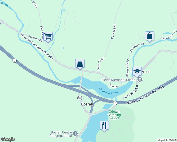 map of restaurants, bars, coffee shops, grocery stores, and more near 305 Fitchville Road in Bozrah