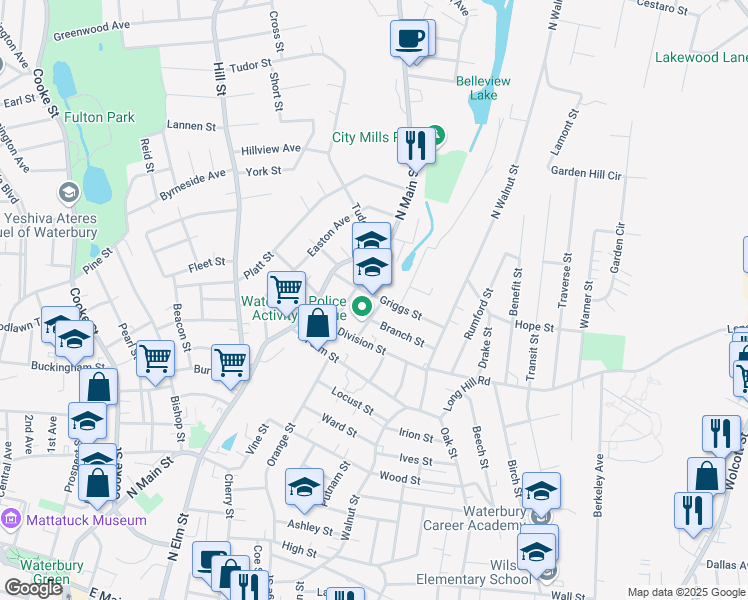map of restaurants, bars, coffee shops, grocery stores, and more near 58 Griggs Street in Waterbury
