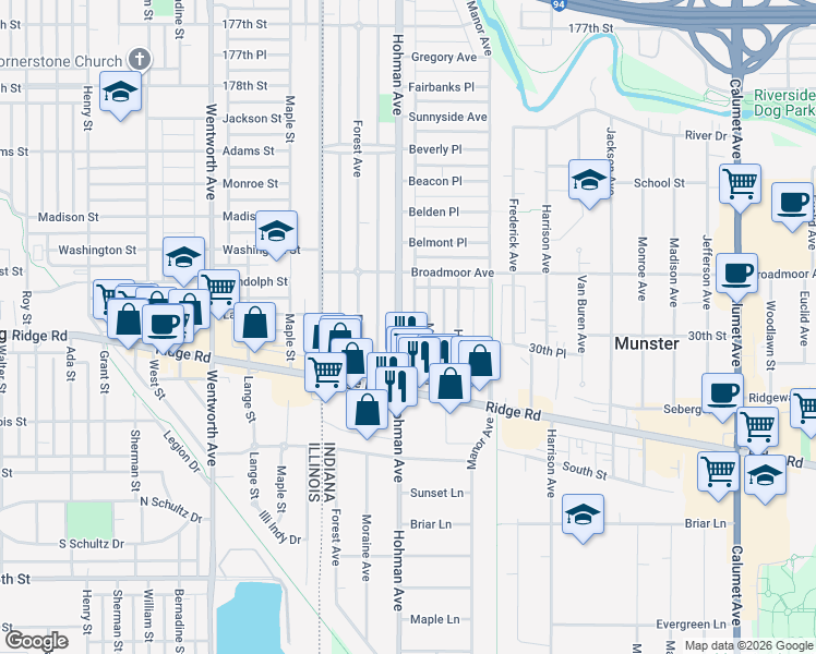 map of restaurants, bars, coffee shops, grocery stores, and more near 8145 Hohman Avenue in Munster