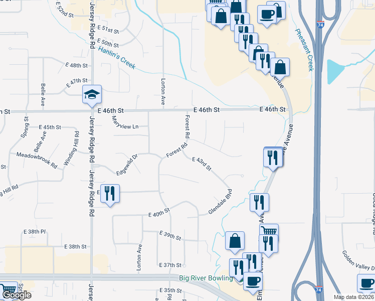 map of restaurants, bars, coffee shops, grocery stores, and more near 2801-2805 East 43rd Street in Davenport